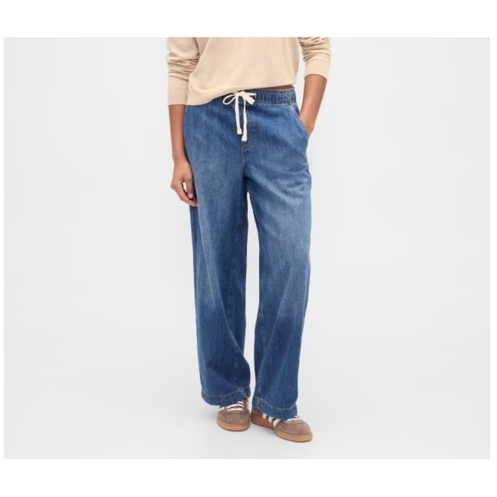 GAP High Rise Wide Leg Denim Drawstring Pants Size S Coastal Boho Minimalist